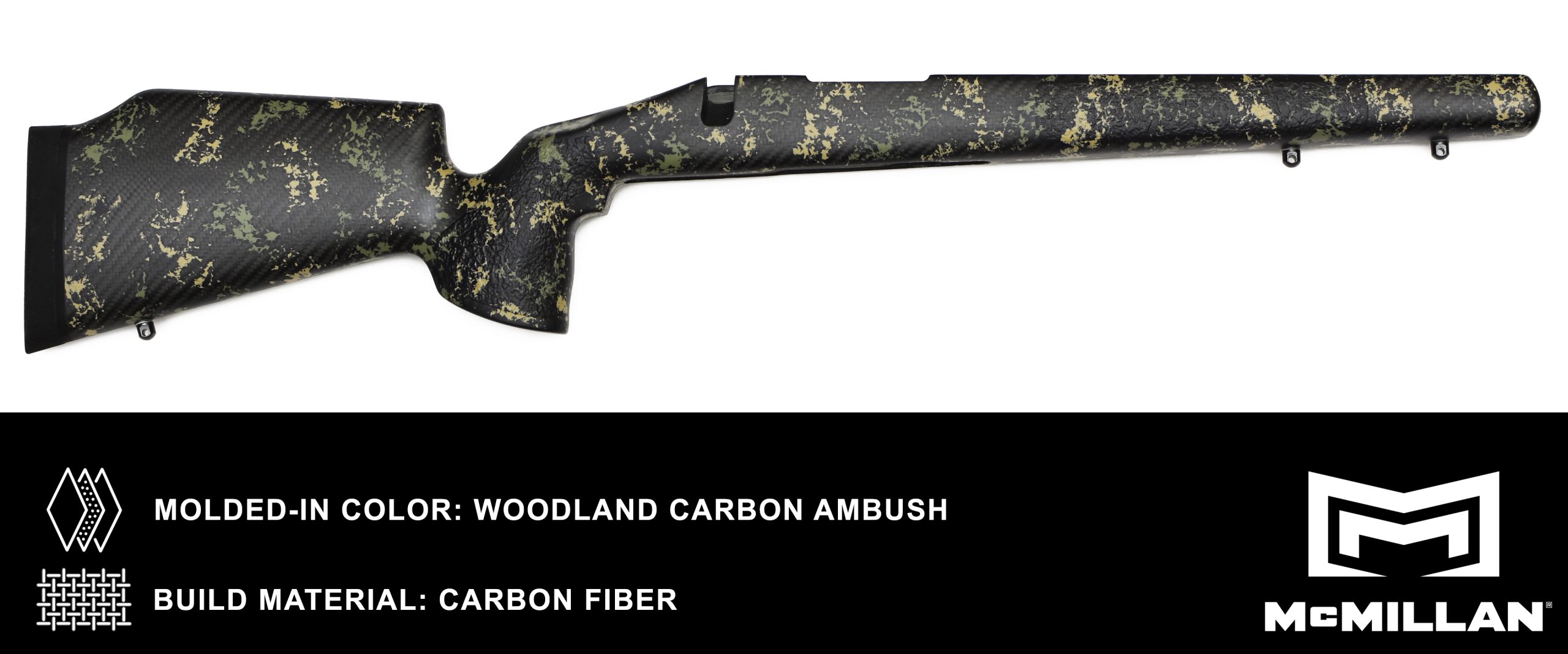 MCMILLAN RIFLE STOCK – MOLDED IN COLOR – WOODLAND CARBON AMBUSH