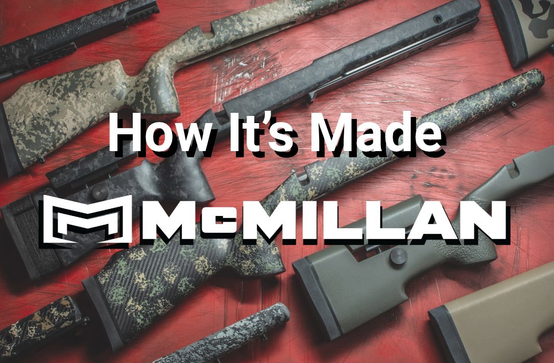 McMillan rifle stocks in camo, carbon fiber, green, and tan finishes on a red workbench with “How It’s Made”